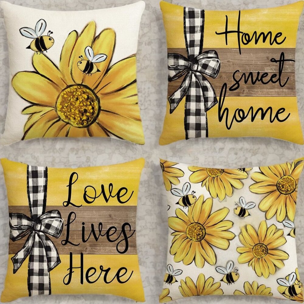 Honey Bee Decorative Throw Pillow Covers Floral Spring Decor Yellow Accent Cases